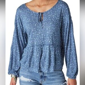 New! Lucky Brand Ditsy Floral Peplum Top Blue Size Medium NWT
